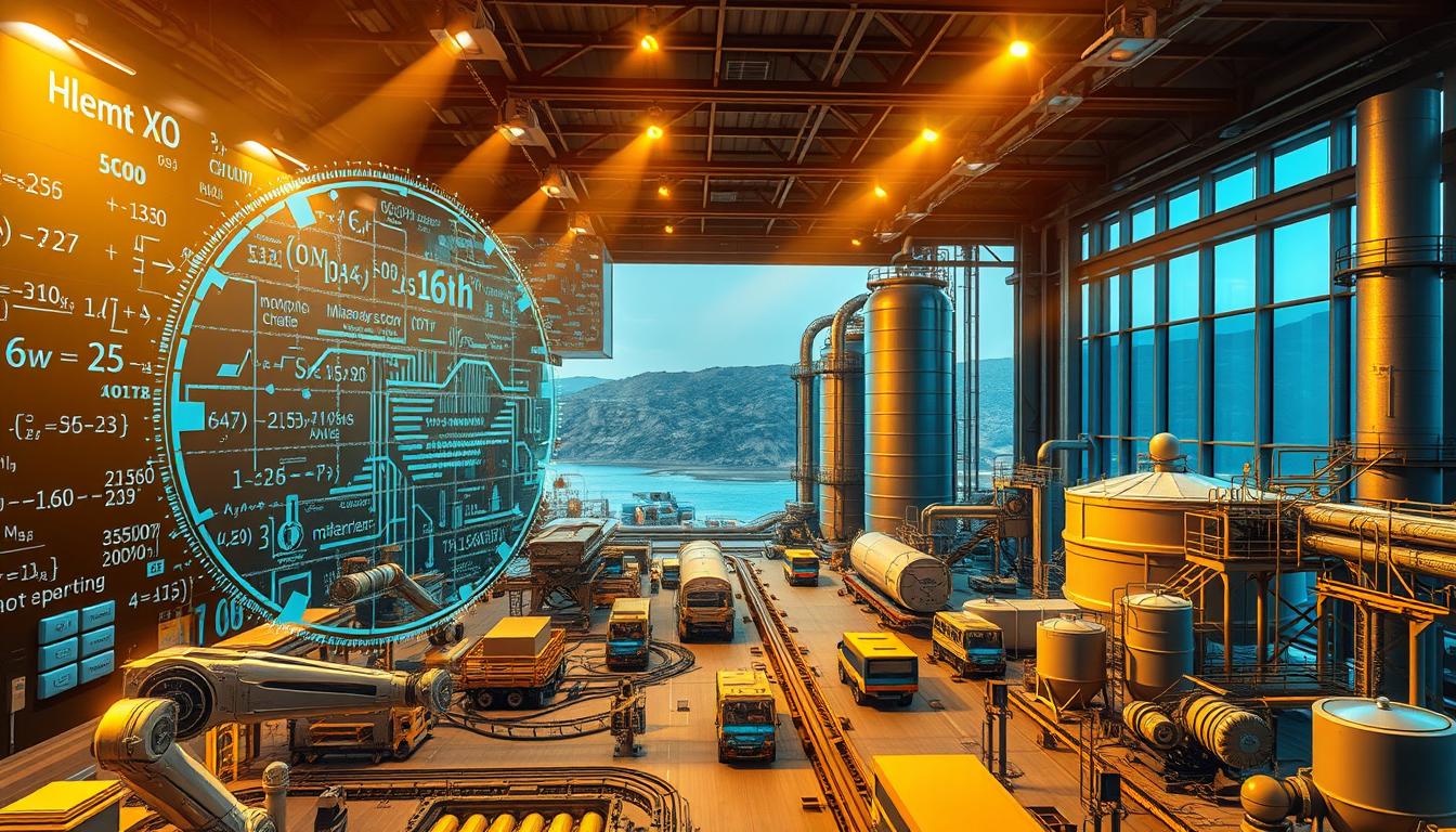 A futuristic and technologically advanced mineral processing plant, bathed in a warm, golden light from overhead spotlights. In the foreground, intricate mathematical formulas and complex algorithms are projected onto holographic displays, guiding the optimization of mineral extraction and refinement processes. In the middle ground, robotic arms and autonomous vehicles navigate the facility, carrying ore samples and transporting refined minerals. In the background, towering silos and storage tanks reflect the scale and sophistication of the operation, while a panoramic window offers a glimpse of the vast, mineral-rich landscape beyond. The overall scene conveys a sense of cutting-edge innovation, precision, and the seamless integration of mathematics and advanced technology in the future of the mineral industry.