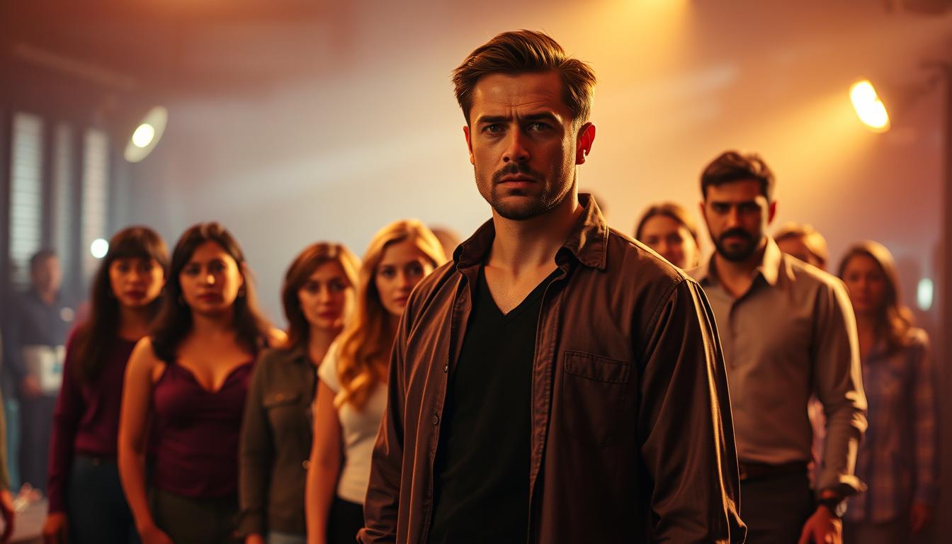A group of skilled actors standing in a dramatic scene, illuminated by warm, cinematic lighting. In the foreground, the lead actor stands tall, showcasing their captivating presence and charismatic features. The middle ground features the supporting cast, each with distinct personalities and expressions, creating a sense of depth and ensemble. The background is softly blurred, hinting at the film's vibrant setting. The image conveys a sense of anticipation and cinematic grandeur, perfectly capturing the essence of the "Red One" film and its talented cast.