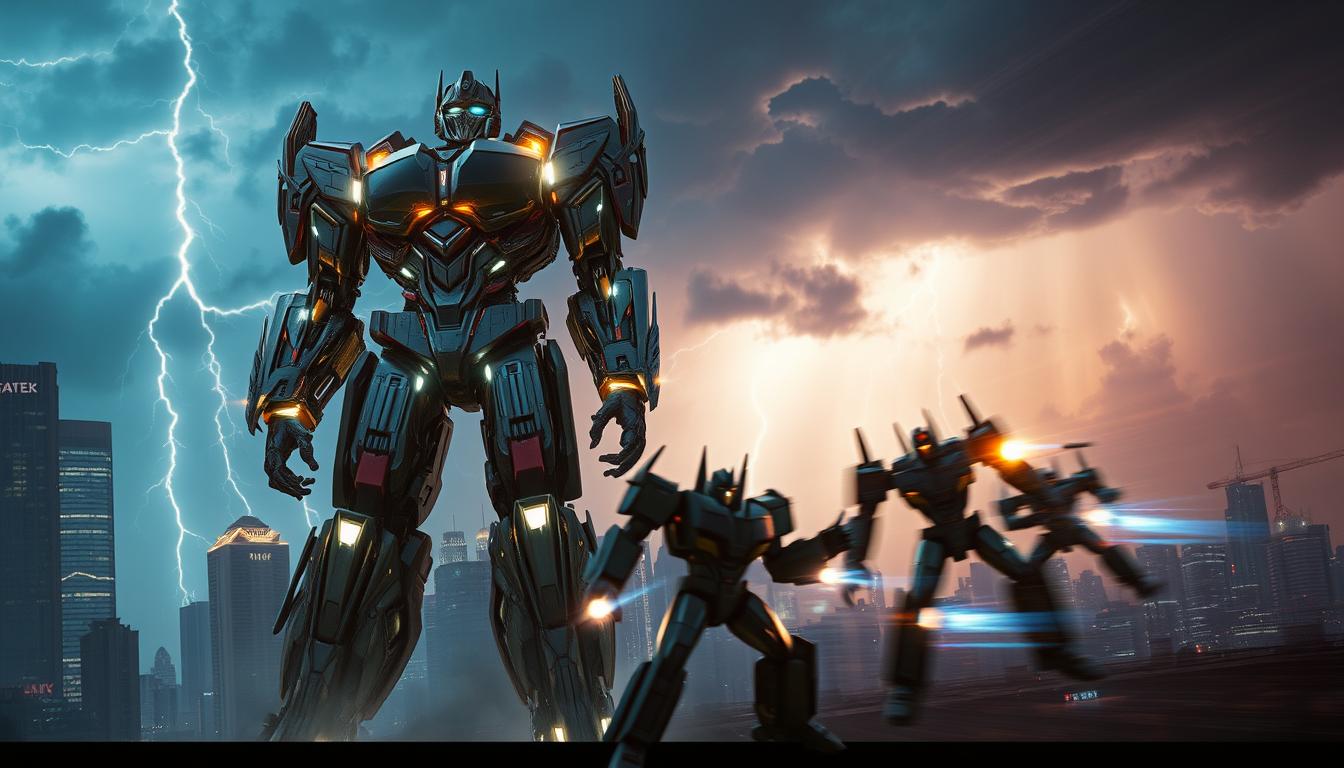 A futuristic scene depicting the visual effects of Transformers in action. In the foreground, a colossal robotic figure towers over a city skyline, its metallic body glowing with an iridescent sheen. Luminous energy fields crackle around its limbs, hinting at the immense power it possesses. In the middle ground, smaller Transformer-like entities engage in a dynamic battle, their movements blurring into a blur of steel and light. The background is a dystopian urban landscape, silhouetted against a sky filled with ominous storm clouds and flashes of lightning, creating a sense of foreboding and high-stakes drama. The lighting is a combination of cool, blue tones and warm, fiery hues, adding depth and atmosphere to the scene. The overall tone is one of technological grandeur, raw power, and the awe-inspiring spectacle of futuristic warfare.
