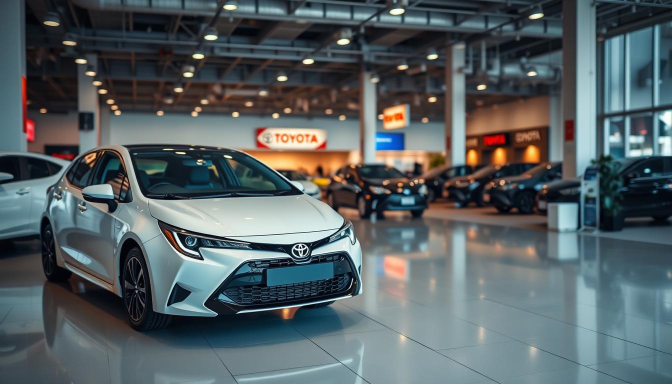 A high-quality, detailed image of a Toyota Corolla dealership showroom, showcasing the vehicle's sleek design and features. The foreground features a well-lit, gleaming Corolla in a prominent position, inviting the viewer to imagine themselves behind the wheel. The middle ground depicts the modern, well-appointed showroom interior, with clean lines, comfortable seating, and informative displays. The background subtly suggests the dealer's extensive inventory of Corollas, hinting at the wide range of options available to the prospective buyer. The overall mood is one of sophistication, quality, and the excitement of a new car purchase, perfectly capturing the essence of the "Panduan Pembelian Toyota Corolla" section.