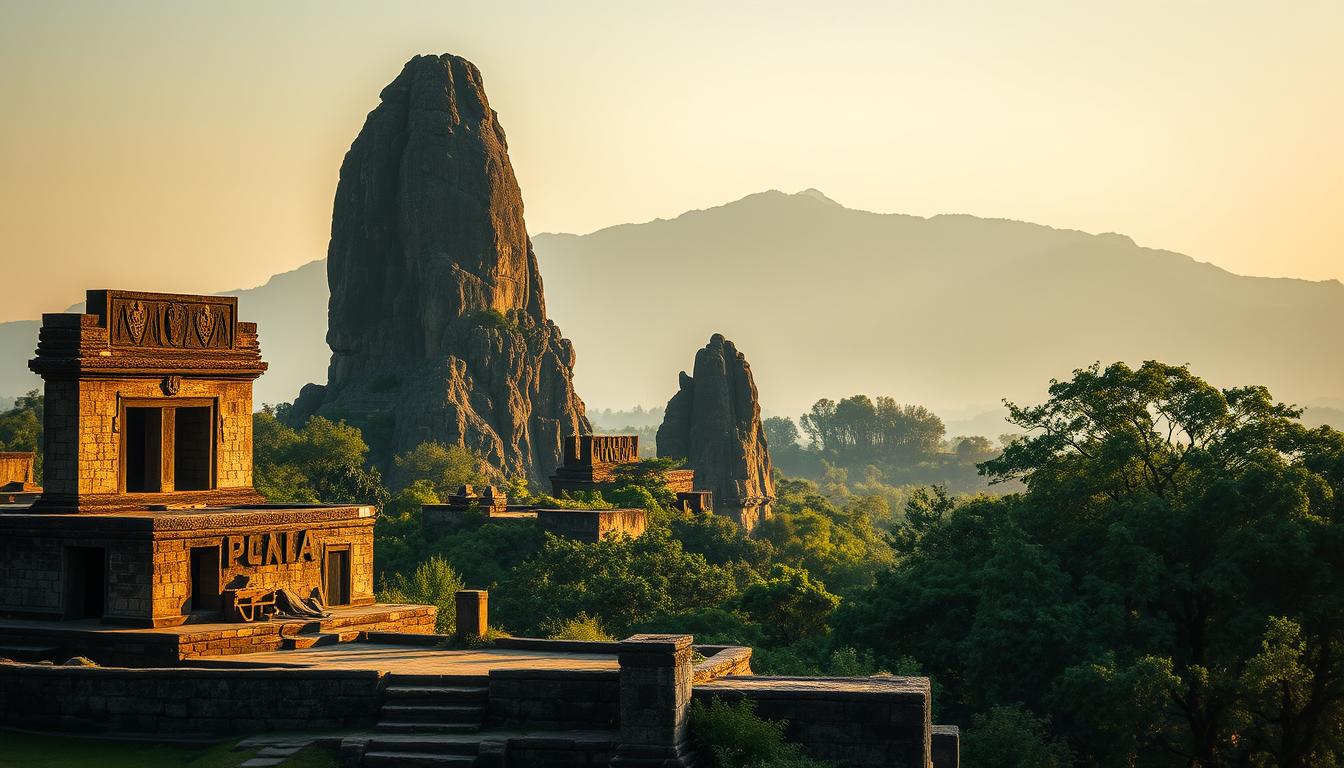 A majestic prehistoric site stands tall, its ancient monuments and ruins casting long shadows in the warm evening light. In the foreground, weathered stone structures and carved petroglyphs reveal the ingenuity and artistry of past civilizations. The middle ground is punctuated by towering rock formations and lush, verdant foliage, creating a sense of timeless tranquility. In the distance, a hazy mountain range frames the scene, hinting at the untold stories and mysteries that lie buried within this remarkable historical landscape. The overall atmosphere evokes a profound sense of reverence and wonder, inviting the viewer to contemplate the enduring legacy of Malaysia's prehistoric heritage.