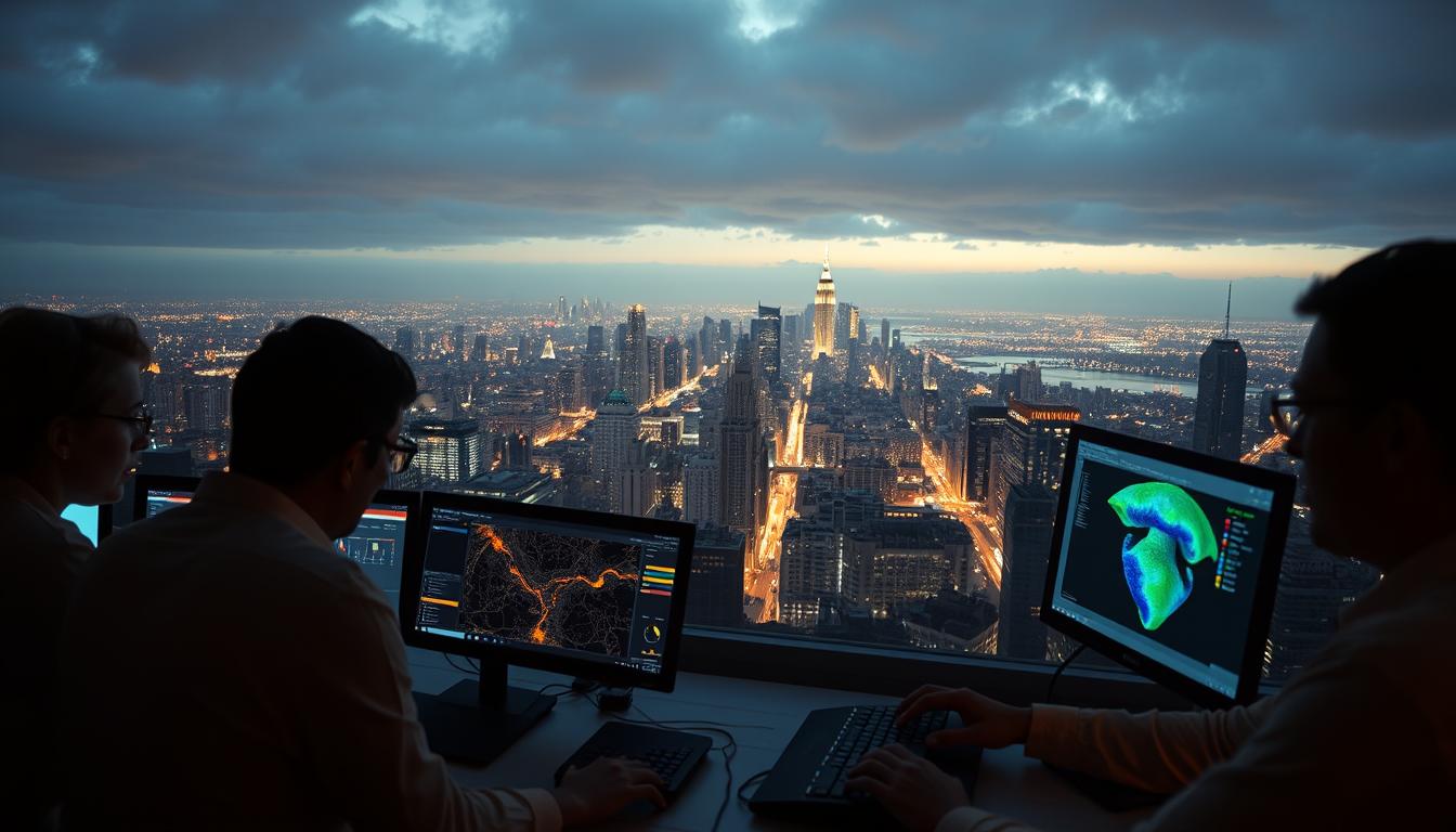 A stunning vista of a real-world application of computational mathematics. In the foreground, a team of researchers pours over data visualizations and complex algorithms, their faces illuminated by the glow of computer screens. In the middle ground, a cutting-edge simulation model runs, depicting intricate natural phenomena in vibrant colors. The background reveals a panoramic view of the bustling cityscape, underscoring how computational mathematics underpins the modern world. Soft, warm lighting casts an air of contemplation and discovery, while a cinematic camera angle lends a sense of grandeur to the scene. This image aims to capture the power and ubiquity of computational mathematics in shaping our understanding and experience of reality.
