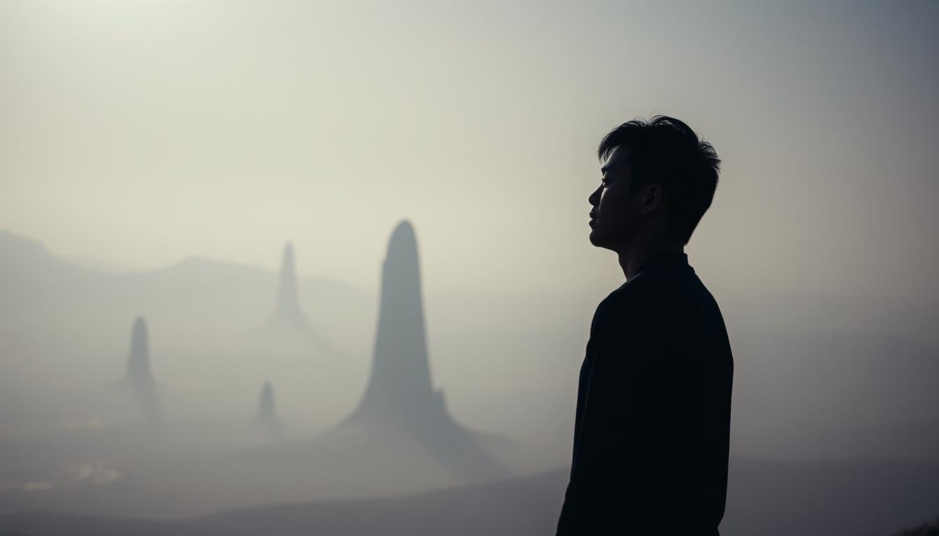 A serene, contemplative scene of a person lost in thought, their silhouette cast against a backdrop of a vast, otherworldly landscape. Soft, diffused lighting illuminates the figure, creating a sense of introspection and intrigue. The environment is surreal, with hazy, ethereal elements that evoke a sense of the extraterrestrial, mirroring the film's themes. The composition is balanced, with the subject occupying the foreground, while the middle and background layers unfold with mysterious, alien-like formations and textures. The overall mood is one of introspection, wonder, and a touch of the unknown, inviting the viewer to ponder the deeper implications of the film's narrative.
