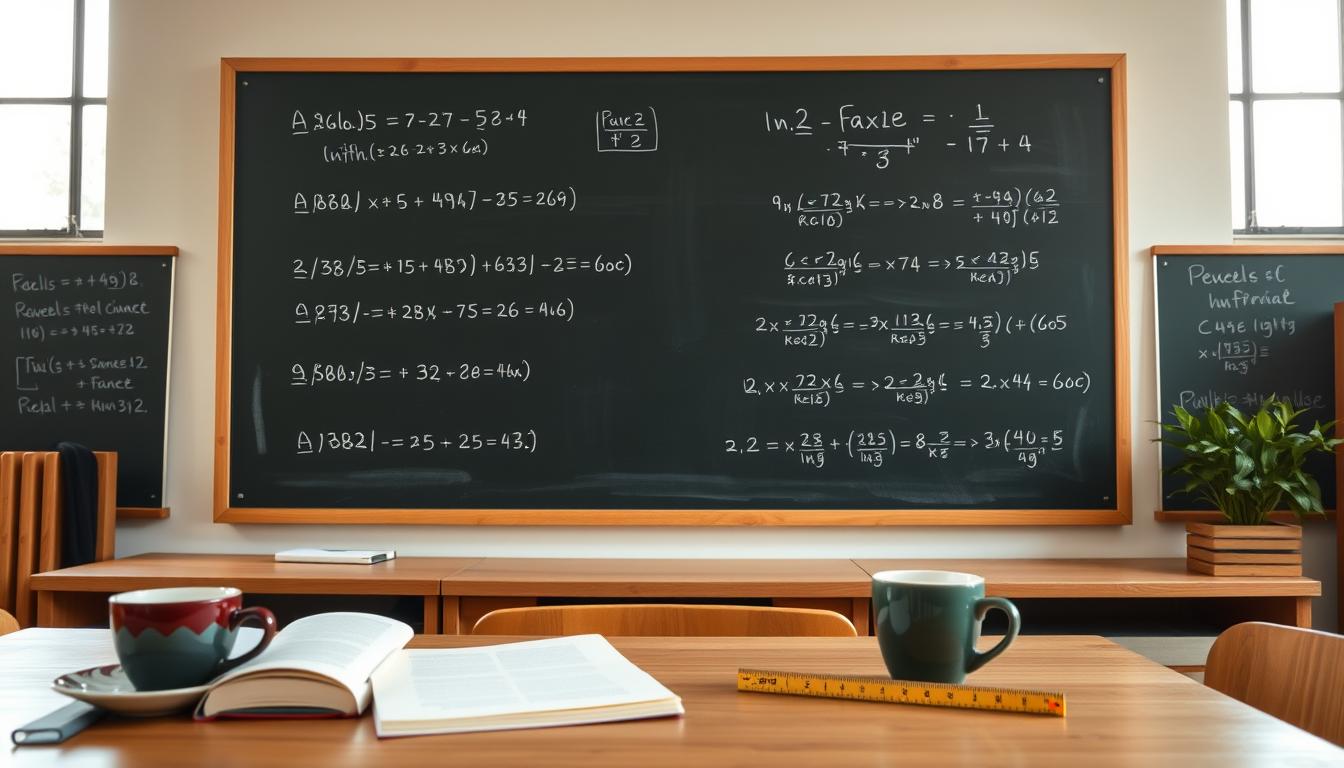 A classroom setting with a chalkboard in the background, showcasing a series of arithmetic problems and their step-by-step solutions. The chalkboard is well-lit, with soft natural light filtering in through large windows, casting a warm and inviting atmosphere. In the foreground, a teacher's desk with neatly organized teaching materials, including a textbook, ruler, and a cup of coffee. The overall composition conveys a sense of learning, focus, and the joy of unraveling the mysteries of arithmetic.
