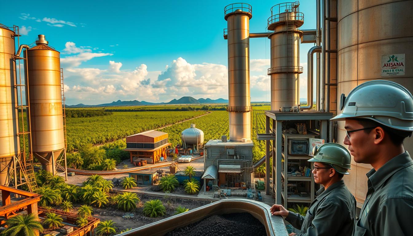 A sprawling palm oil mill, its towering silos and machinery gleaming in the warm tropical light. In the foreground, workers in hard hats and coveralls monitor the flow of dark, viscous crude oil, their faces reflecting the technological innovation that drives this industry. The background reveals lush, verdant plantations stretching to the horizon, a testament to Malaysia's commitment to sustainable palm oil production. The scene exudes a sense of efficiency, progress, and environmental responsibility - the hallmarks of this vital sector's continued evolution.
