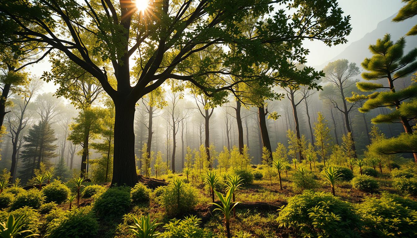 A lush, verdant forest landscape with a network of thriving trees and plants, showcasing the growth potential of forestry cultivation. The foreground features a towering tree in full bloom, its branches reaching skyward against a backdrop of sunlit foliage. In the middle ground, saplings and young trees dot the forest floor, representing the various stages of growth. The background reveals a misty, atmospheric perspective, hinting at the expansive possibilities of this sustainable industry. Warm, golden lighting illuminates the scene, creating a sense of hope and prosperity. Captured with a wide-angle lens, this image conveys the dynamic, ever-evolving nature of the forestry industry and its promising future.