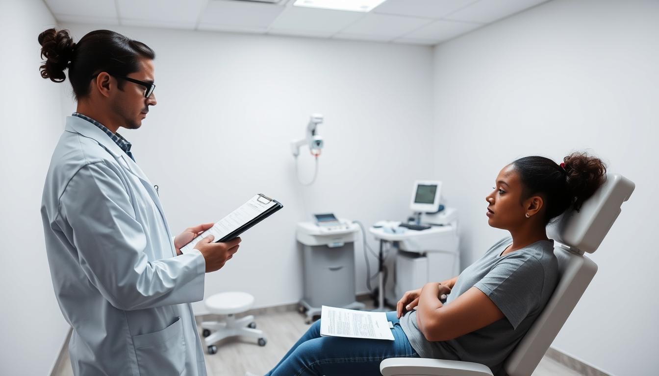 A clinical examination room with bright, even lighting and a stark, minimalist aesthetic. A medical professional in a white coat stands before a patient seated on an exam table, intently studying a clipboard with detailed notes. The patient's expression is one of concern, reflecting the gravity of the diagnosis being discussed. In the background, various medical equipment and supplies suggest the rigorous process of identifying and understanding the Riley-Day Syndrome. The scene conveys the importance of accurate diagnosis in addressing this rare and complex neurological disorder.