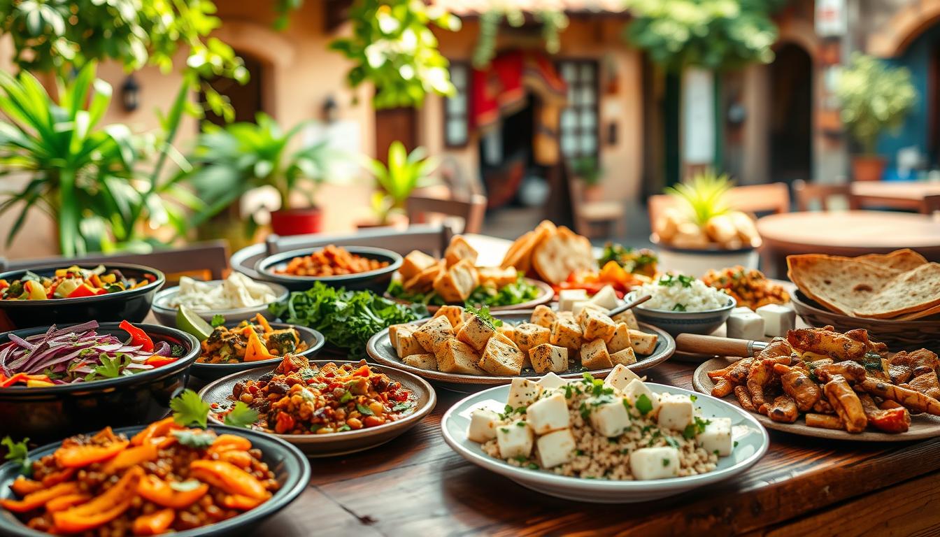 A bountiful spread of vibrant vegetarian dishes arranged on a rustic wooden table, bathed in warm, natural lighting. In the foreground, a variety of colorful salads, grilled vegetables, and hearty lentil-based entrees beckon. The middle ground features an assortment of freshly baked breads, soft paneer cubes, and delicate tofu preparations. In the background, a blurred view of a quaint Blitar street scene, with lush greenery and charming local architecture, creates a cozy, authentic ambiance. The composition conveys a sense of nourishment, balance, and celebration of the region's vibrant vegetarian culinary traditions.