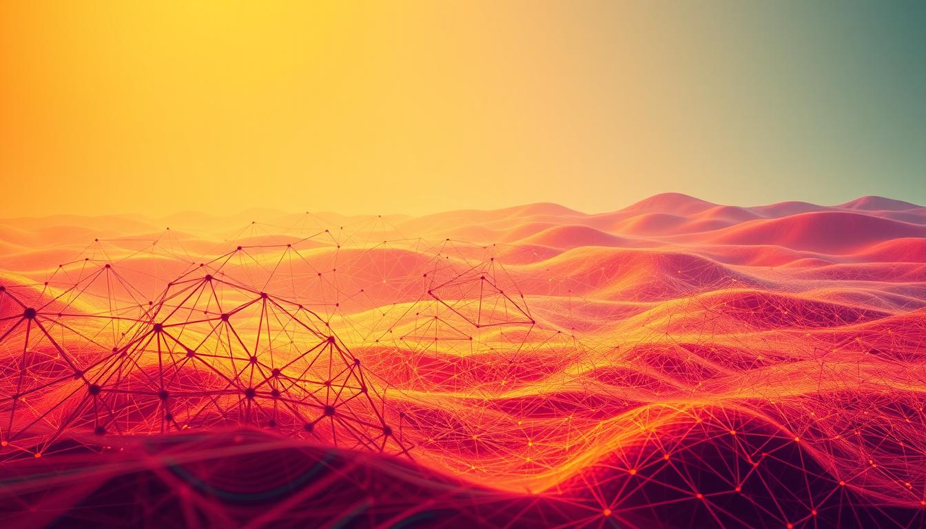 A vibrant, abstract topological landscape, showcasing the fundamental concepts of topology. In the foreground, a hypnotic, organic mesh of interconnected lines and shapes, their fluid movement conveying the essence of continuity and deformation. The middle ground features a kaleidoscopic array of geometric forms, hinting at the notion of homeomorphism and topological equivalence. In the distance, a dreamlike, undulating background evokes the idea of open and closed sets, as well as the properties of connectedness. Bathed in a warm, ambient lighting that casts soft shadows, the scene exudes a sense of exploration and discovery, inviting the viewer to delve into the fascinating world of topology.