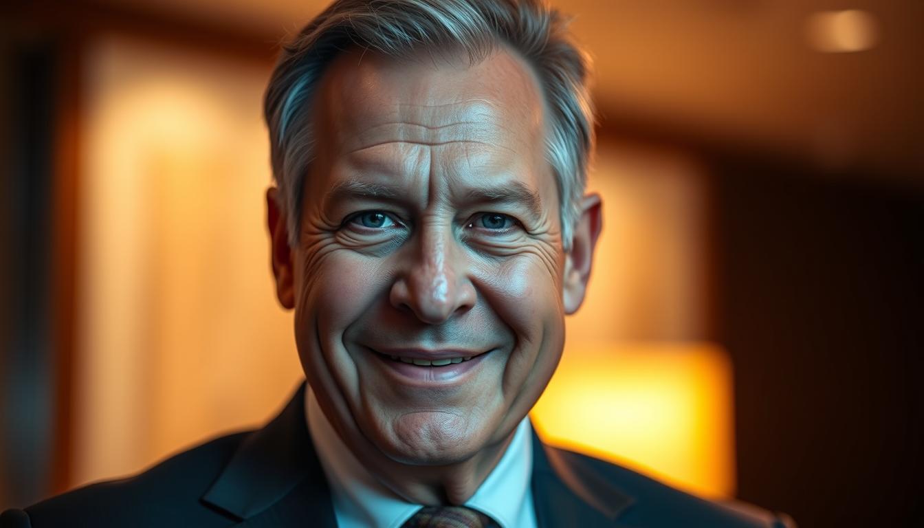 A portrait of a mature, distinguished-looking businessman with a kind, compassionate expression, dressed in a well-tailored suit. His gaze is focused and determined, conveying a sense of purpose and dedication. The lighting is soft and warm, creating a sense of tranquility and introspection. The background is blurred, drawing the viewer's attention to the subject's face and upper body. The overall mood is one of quiet contemplation, hinting at the philanthropic mission that drives this individual.