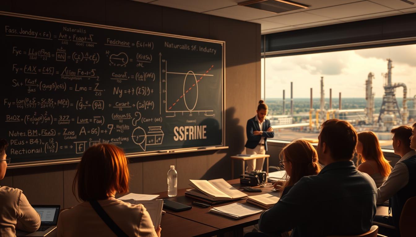 A dimly lit classroom setting, with a chalkboard displaying complex mathematical formulas and diagrams related to natural gas industry. In the foreground, a group of students intently listening to a professor's lecture, their faces illuminated by soft, warm lighting. The middle ground features various educational materials, such as textbooks, graphs, and technical equipment, hinting at the specialized knowledge required for this field. The background showcases a panoramic view of a gas refinery or processing plant, emphasizing the real-world applications of the subject matter. The overall atmosphere conveys a sense of focused learning, technical expertise, and the critical role of mathematics in the gas industry.