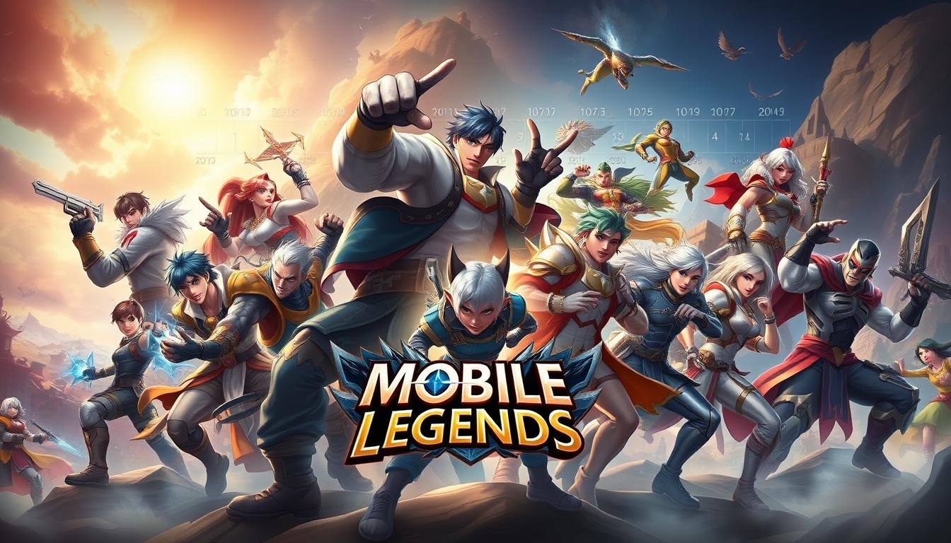 A detailed illustration of the most popular Mobile Legends heroes, set against a backdrop of their historical evolution within the game. The foreground depicts a dynamic group of heroes, each with distinct visual characteristics and poses, conveying a sense of power and heroism. The middle ground showcases the diverse environments and landscapes of the Mobile Legends world, with vibrant colors and intricate details. The background features a subtle timeline or narrative, highlighting the game's development and the introduction of new heroes over time. The lighting is warm and cinematic, creating a sense of depth and atmosphere. The overall composition is balanced and visually compelling, reflecting the rich history and popularity of Mobile Legends.
