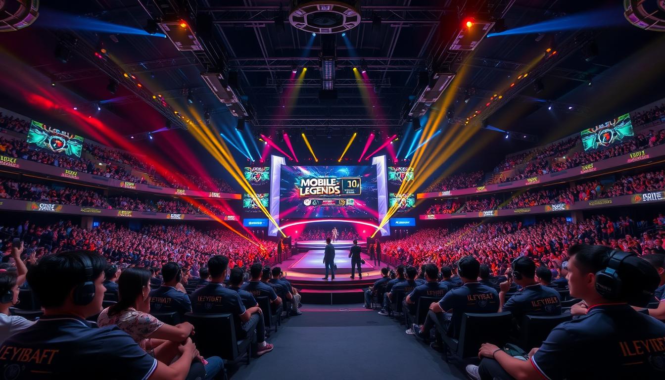 A large gaming arena with a dramatic, colorful lighting setup. In the foreground, a group of professional esports players intensely competing in a high-stakes Mobile Legends tournament on stage, their faces focused and determined. In the middle ground, a large LED screen displays the game's action, with team logos and score overlays. The background features rows of spectator seats filled with cheering fans, creating an electric atmosphere of excitement and anticipation. The image captures the thrill and energy of a prestigious Mobile Legends esports event, where players compete for valuable prizes and glory.