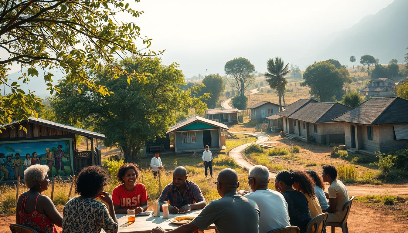 A tranquil village scene set in a sun-dappled afternoon, capturing the essence of community empowerment. In the foreground, a group of residents gather around a table, engaged in a lively discussion, their faces alight with determination. In the middle ground, a community center stands, its vibrant mural depicting scenes of people working together. In the background, lush trees sway gently, and a winding path leads to modest homes, each one a testament to the hard work and resilience of the people. The lighting is soft and warm, conveying a sense of hope and progress. The overall mood is one of collaboration, mutual support, and a shared vision for a brighter future.