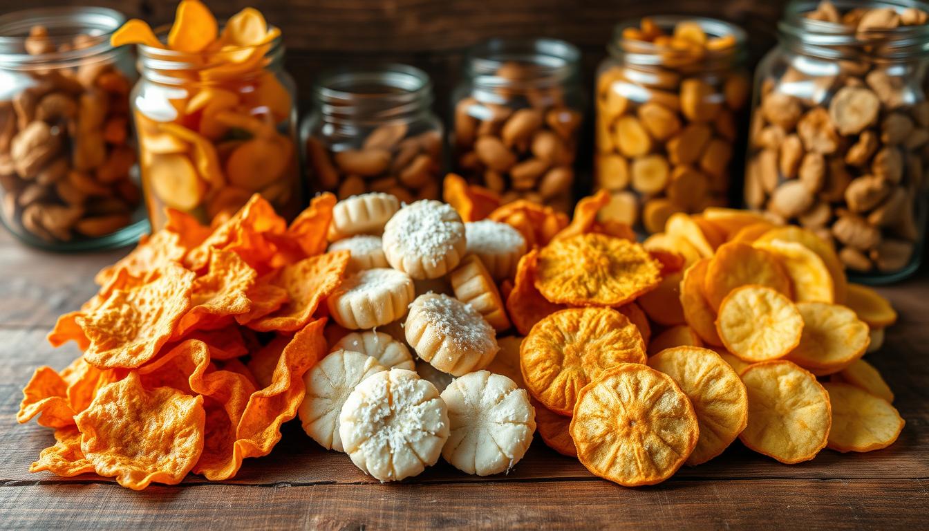 A variety of traditional Blitar snacks arranged beautifully on a rustic wooden table. In the foreground, an assortment of crisp, golden-fried tempeh chips, their textures and flavors beckoning. In the middle ground, bite-sized sticky rice cakes dusted with grated coconut, their vibrant colors and intricate patterns catching the eye. In the background, jars filled with fragrant, caramelized banana chips and aromatic spiced peanuts, creating a harmonious display of Blitar's renowned local delicacies. Soft, natural lighting accentuates the artisanal quality of these beloved snacks, inviting the viewer to imagine their delightful tastes and textures.