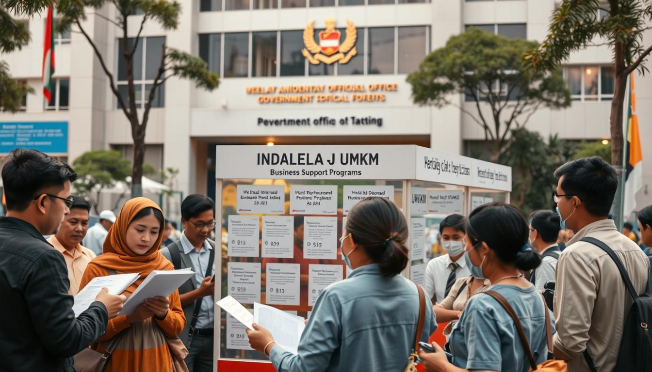 A bustling urban scene with a government office building in the background, its facade adorned with the national emblem. In the foreground, a group of diverse small business owners gather, discussing documents and exchanging ideas. The middle ground features a kiosk displaying various business support programs, with helpful officials assisting the entrepreneurs. Warm, diffused lighting casts a sense of hope and opportunity, while the composition emphasizes the collaborative nature of the government's initiatives to empower the UMKM (Micro, Small, and Medium Enterprises) sector. The scene conveys a spirit of progress, public-private partnership, and the government's commitment to fostering the growth of small businesses in Indonesia.