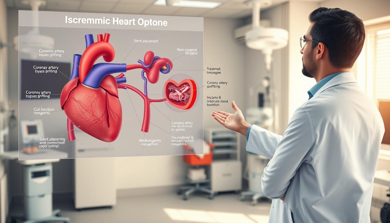 A detailed medical illustration showcasing the treatment options for ischemic heart disease. A physician in a white coat stands in the foreground, gesturing towards a comprehensive diagram depicting various surgical and non-surgical interventions, including coronary artery bypass grafting, stent placement, and medication management. The middle ground features a cross-section of the heart, highlighting the affected blood vessels and areas of restricted blood flow. The background depicts a serene, clinical setting with medical equipment and monitoring devices, conveying a sense of professionalism and expertise. The lighting is soft and warm, creating a reassuring atmosphere. Rendered in a photorealistic style, the image aims to educate and inform the viewer about the available treatment options for this prevalent cardiovascular condition.