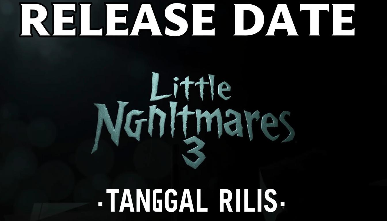 A striking close-up of a video game release date announcement for the highly anticipated "Little Nightmares 3". The scene is set against a dark, ominous backdrop, with a sense of foreboding and unease. In the foreground, a stylized logo or title treatment for the game stands out, rendered in a bold, angular font that evokes the game's eerie, unsettling atmosphere. The lighting is dramatic, casting deep shadows and highlights that add depth and dimension to the composition. The overall mood is one of suspense and anticipation, perfectly capturing the essence of the "Tanggal Rilis" (Release Date) section of the article.