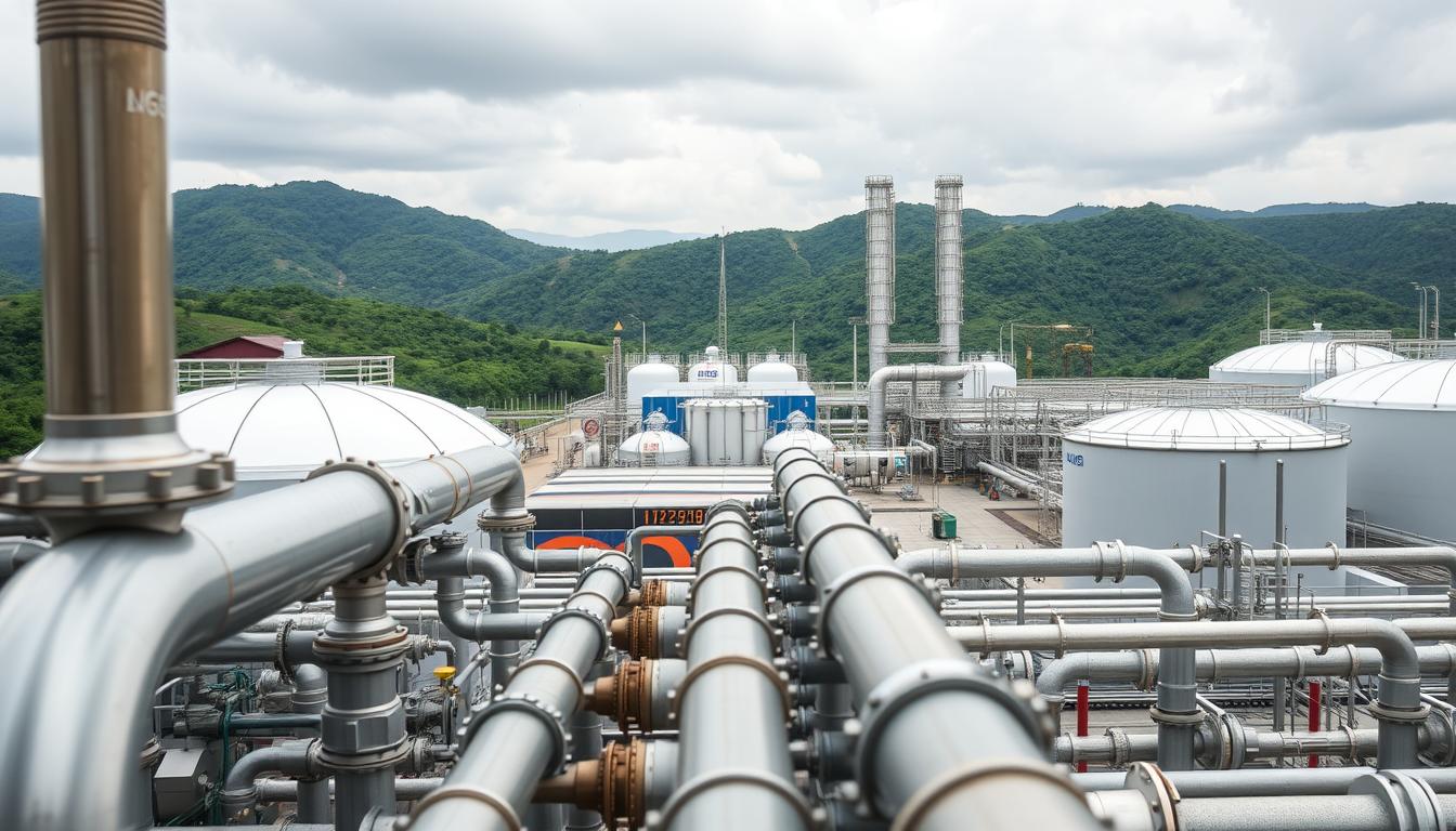 A close-up view of a liquefied natural gas (LNG) plant situated against a backdrop of rolling hills and a cloudy sky. The foreground depicts the intricate network of steel pipes, valves, and storage tanks that comprise the LNG production and distribution system. The middle ground showcases the towering liquefaction units and cryogenic storage facilities, with their sleek, modern designs and efficient layouts. In the background, lush green vegetation and a hazy horizon create a sense of scale and environmental harmony. The overall scene conveys the technological sophistication and environmental consciousness of the LNG industry, highlighting its pivotal role in Malaysia's energy future.