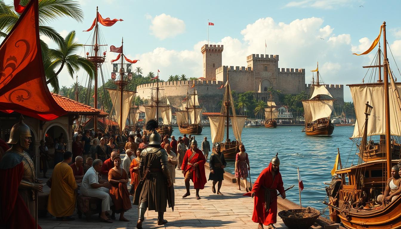 A bustling 16th-century port city on the Malay Peninsula, with Portuguese ships anchored in the harbor, their sails billowing in the warm tropical breeze. On the docks, merchants in ornate robes haggle over exotic spices, silks, and other goods, while soldiers in gleaming armor patrol the streets, overseeing the smooth operation of the colonial administration. In the background, a towering fort with high walls and imposing bastions stands as a symbol of Portuguese power and dominance, casting long shadows across the scene. The overall atmosphere is one of cultural exchange and economic exploitation, as the Portuguese tighten their grip on the region.