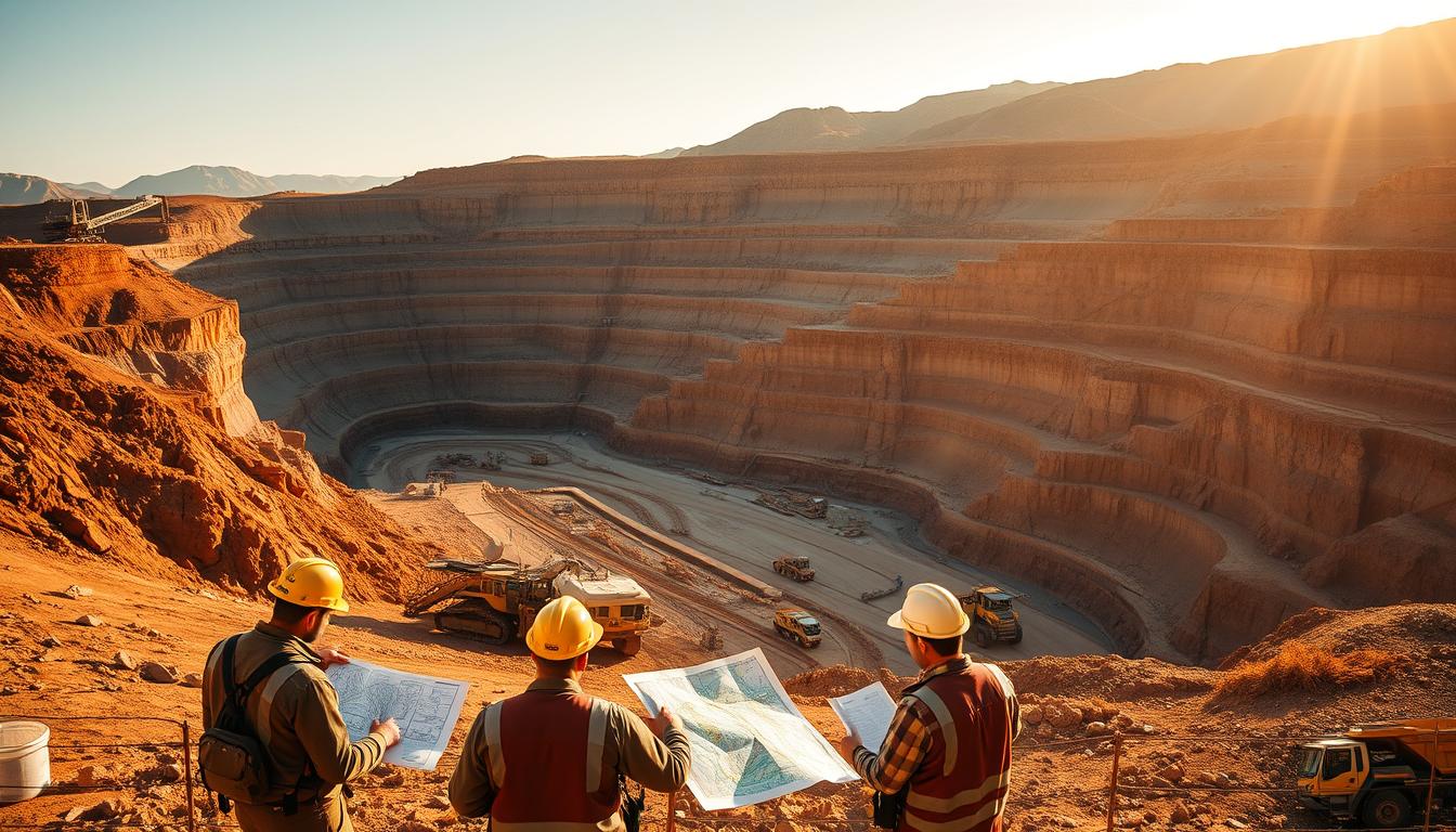 A large mining operation site nestled in a rugged, mountainous landscape. In the foreground, a team of geologists and engineers studying geological maps and core samples, deep in concentration. In the middle ground, heavy mining equipment excavates the earth, revealing layers of mineral deposits. The background is dominated by a series of tiered open-pit mines, their walls exposing the intricate strata of the earth's crust. Warm, golden sunlight filters through the scene, casting long shadows and highlighting the scale and complexity of the mineral resource extraction process. The overall atmosphere is one of diligent, technical precision in the face of the natural world's hidden riches.