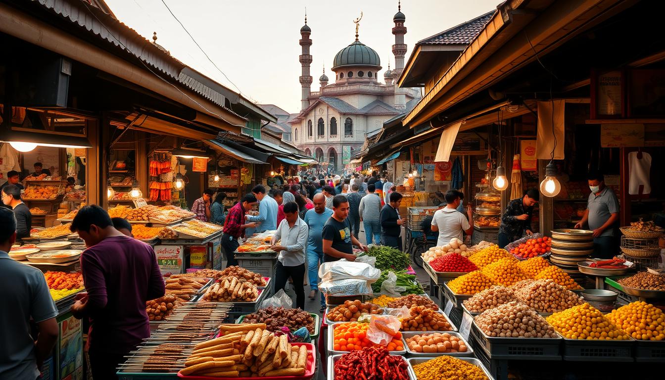 A bustling street market in Tasikmalaya, Indonesia, brimming with vibrant food stalls and locals haggling over the freshest local delicacies. The foreground is filled with an array of fragrant dishes, from steaming skewers of satay to mounds of colorful jajan pasar. In the middle ground, people weave through the crowded aisles, sampling street food and examining the wares of small-scale vendors. The background reveals the distinctive architecture of Tasikmalaya, with traditional wooden buildings and ornate Islamic structures rising up against a warm, golden-hour sky. The scene is alive with the sights, sounds, and aromas of this celebrated culinary destination, inviting the viewer to explore the rich tapestry of Tasikmalaya's local food culture.