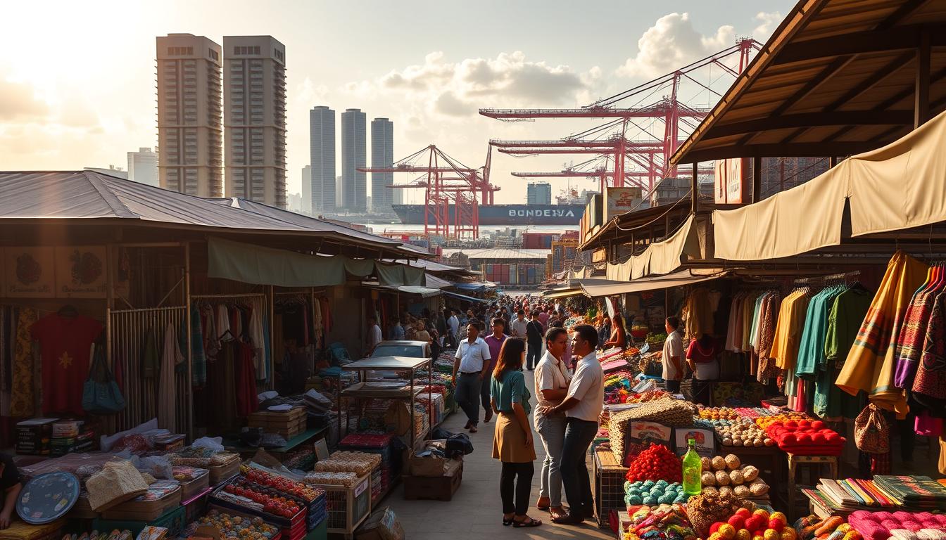 Peluang pasar luar negeri: a bustling global marketplace, illuminated by warm sunlight casting long shadows across an array of vibrant export goods. In the foreground, a diverse selection of locally-crafted products - from artisanal textiles to unique handicrafts - beckons international buyers. The middle ground reveals a thriving international trade hub, where negotiators seal deals and logisticians coordinate shipments. In the background, towering skyscrapers and modern port facilities symbolize the scale and sophistication of Indonesia's growing export economy. Capture the promise of UMKM enterprises reaching new heights, with a sense of energy, opportunity, and boundless potential.