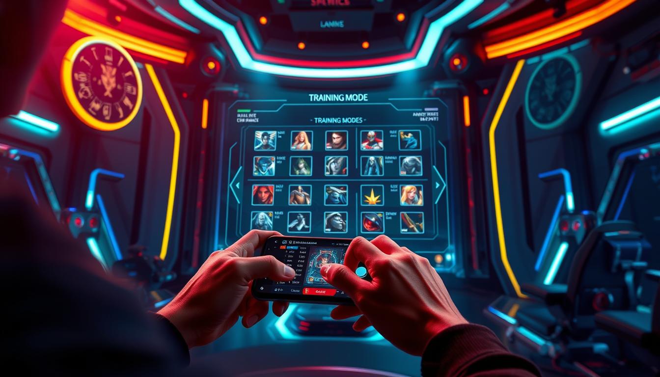 A gaming arena with a vibrant and futuristic atmosphere. In the foreground, a player is intensely focused, their hands gripping a mobile device as they navigate the training mode of the popular game Mobile Legends. The middle ground features a holographic display showcasing various hero abilities and skill trees, guiding the player's strategic choices. The background is a sleek, high-tech environment with neon-lit panels and a sense of technological advancement, reflecting the cutting-edge nature of the game's training mode. Dramatic lighting casts dynamic shadows, adding depth and drama to the scene, while a cinematic camera angle captures the player's determination and the immersive nature of the training experience.