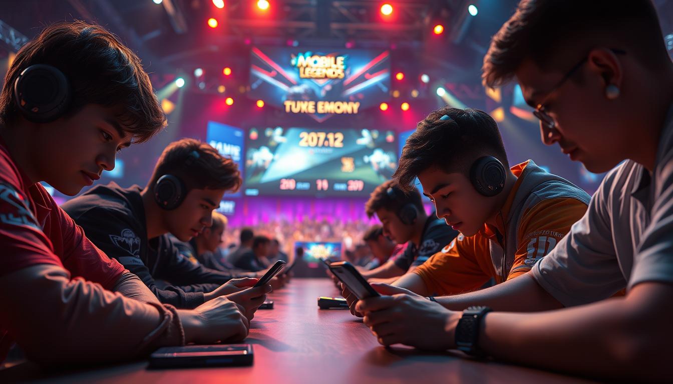 A high-intensity mobile legends tournament scene with a dramatic and competitive atmosphere. Capture the camaraderie and concentration of the esports players as they strategize and outmaneuver each other on a vibrant, futuristic stage. Dramatic lighting casts dynamic shadows, highlighting the intensity of the gameplay. The foreground features the players leaning intently over their mobile devices, their faces fixed in intense focus. The middle ground shows the tournament arena, with a massive digital scoreboard and cheering spectators in the background. Render this scene with a cinematic, documentary-style aesthetic to convey the real-world stakes and prestige of the event.