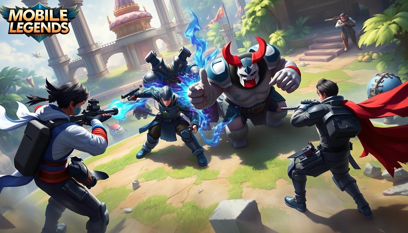 A dynamic team rotation in a high-intensity Mobile Legends match, with players strategically repositioning to counter the enemy's movements. The foreground features a skilled marksman flanking an opposing hero, their Arcane Shots cutting through the chaos. In the middle ground, a burly tank shields their teammates, their abilities pulsing with defensive energy. The background showcases the lush, vibrant environment of the Battlegrounds, with towering structures and vivid details that immerse the viewer in the strategic gameplay. Dramatic lighting casts dramatic shadows, heightening the sense of tension and urgency. The overall composition captures the essence of effective team coordination and the importance of flexible, adaptive tactics in becoming a top-tier counter hero.