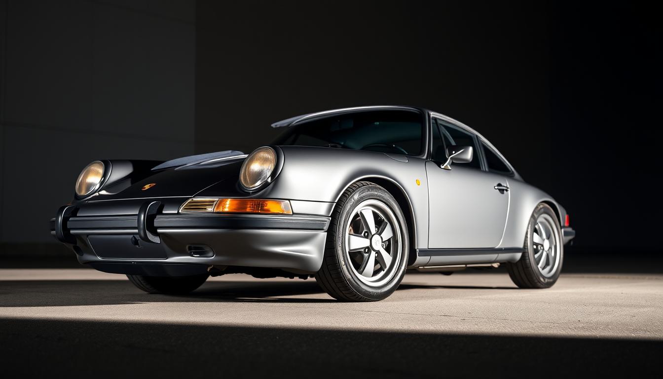 A well-lit, meticulously detailed Porsche 911 Carrera S in a classic Seal Grey color, captured from a low, dynamic angle that emphasizes its sleek, aerodynamic silhouette. The image showcases the vehicle's pristine condition, with a gleaming exterior and pristine chrome trim. The lighting accentuates the car's sculpted lines and muscular haunches, creating a sense of power and refinement. The background features a minimalist, urban setting, allowing the car to be the central focus, hinting at the vehicle's potential as a wise investment and its enduring resale value.