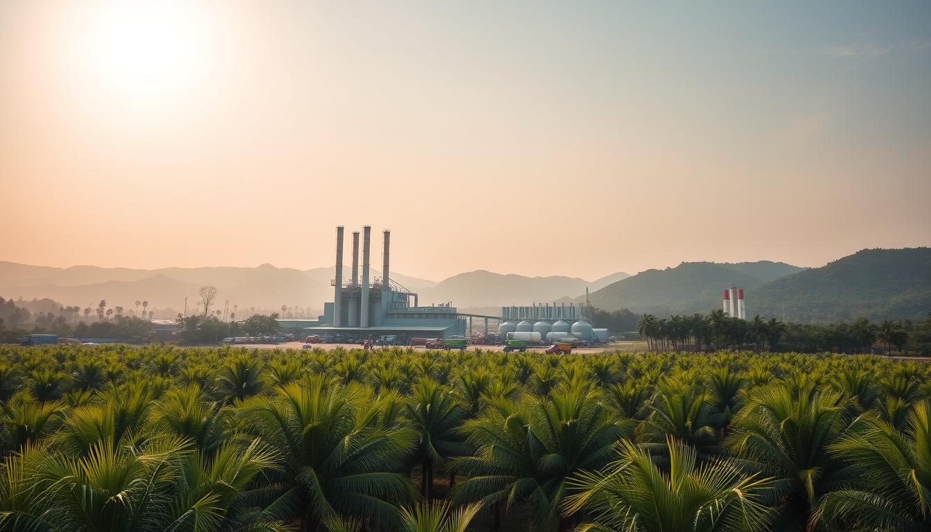 A vast palm oil plantation under a bright, warm sun. In the foreground, rows of lush, vibrant green oil palm trees sway gently in the breeze. Workers in protective gear tend to the plants, harvesting the heavy clusters of ripe, golden fruit. In the middle ground, a large processing facility stands, its towering silos and smokestacks rising against a hazy, atmospheric sky. Trucks loaded with fresh palm fruit bunches queue up to unload at the facility, while pipelines and storage tanks suggest the efficient flow of the precious crude oil. In the background, rolling hills covered in dense, verdant foliage frame the scene, hinting at the expansive scale of Malaysia's thriving palm oil industry.