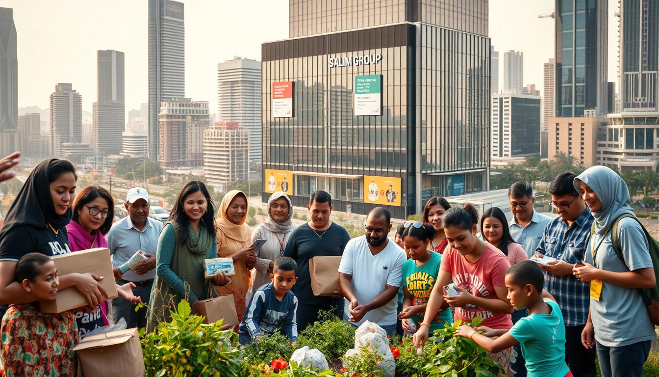 A vibrant scene of Salim Group's social initiatives unfolding before a modern cityscape. In the foreground, a diverse group of people engaged in various charitable activities - distributing supplies, tending to a community garden, or hosting a educational workshop. Their expressions radiate a sense of purpose and camaraderie. The middle ground features Salim Group's sleek corporate headquarters, its facade adorned with signage highlighting the company's commitment to social responsibility. In the background, the bustling metropolis frames the scene, skyscrapers and infrastructure symbolizing the scale of Salim's reach and influence. Warm, diffused lighting casts a glow over the entire composition, evoking a mood of progress, collaboration, and public awareness.