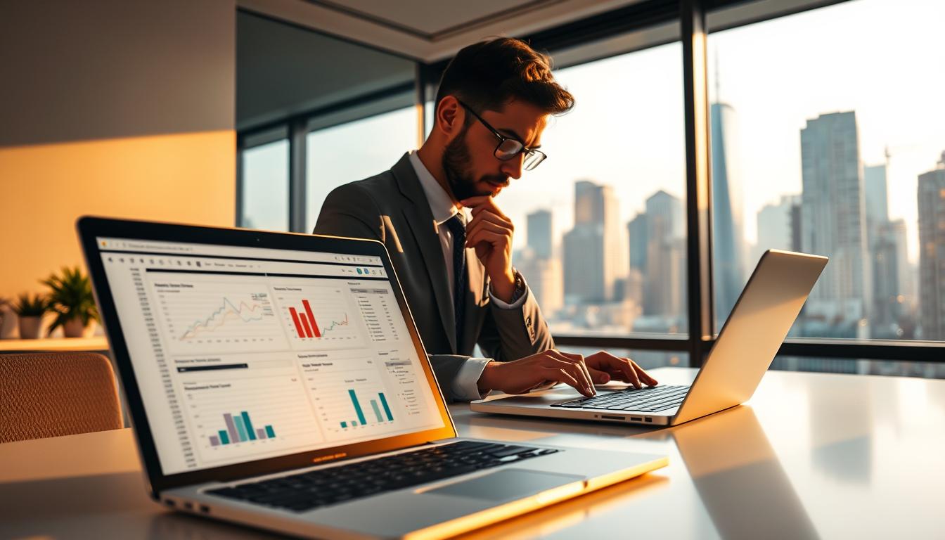 An office workspace with a sleek, minimalist design. In the foreground, a laptop displays a spreadsheet with various calculations and data visualizations. The middle ground features a businessman meticulously analyzing the screen, deep in thought. In the background, a large window overlooking a bustling city skyline, bathed in warm, golden lighting, symbolizing the digital era's productivity and progress. The overall mood is one of focused professionalism, efficiency, and the integration of arithmetic in modern business practices.