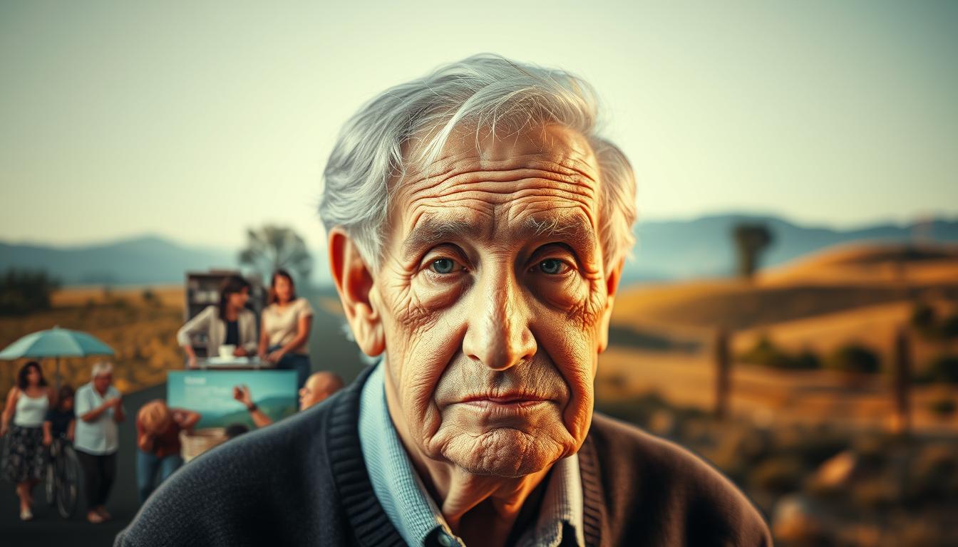A detailed and staged illustration of the progressive stages of Alzheimer's disease. The foreground depicts an elderly person's face, showing the gradual cognitive decline from mild confusion to complete disorientation. The middle ground showcases the impact on daily activities, with scenes of struggling to perform simple tasks. The background landscape shifts from a vibrant, active environment to a blurred, isolated setting, symbolizing the detachment from the world. The lighting is soft and warm, creating an introspective, almost melancholic atmosphere. Captured with a medium-wide lens to convey the comprehensive scope of the condition.