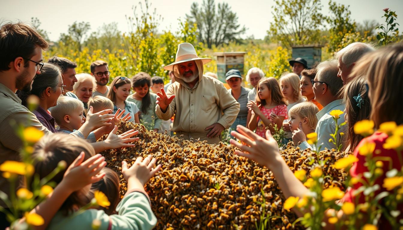 A vibrant community gathering in a lush, sun-dappled meadow, gathered around a central figure - the beekeeper. Dressed in traditional garb, the beekeeper stands amidst a swarm of buzzing honeybees, engaging the rapt attention of the diverse onlookers. In the foreground, children reach out in wonder, while elders nod knowingly. The middle ground is alive with gesturing hands and animated expressions, as the beekeeper's words kindle a sense of shared connection to the natural world. In the soft-focused background, a picturesque apiary frames the scene, hinting at the intricate web of bee-human collaboration. The overall mood is one of reverence, education, and a deep appreciation for the vital role bees play in our ecosystem.