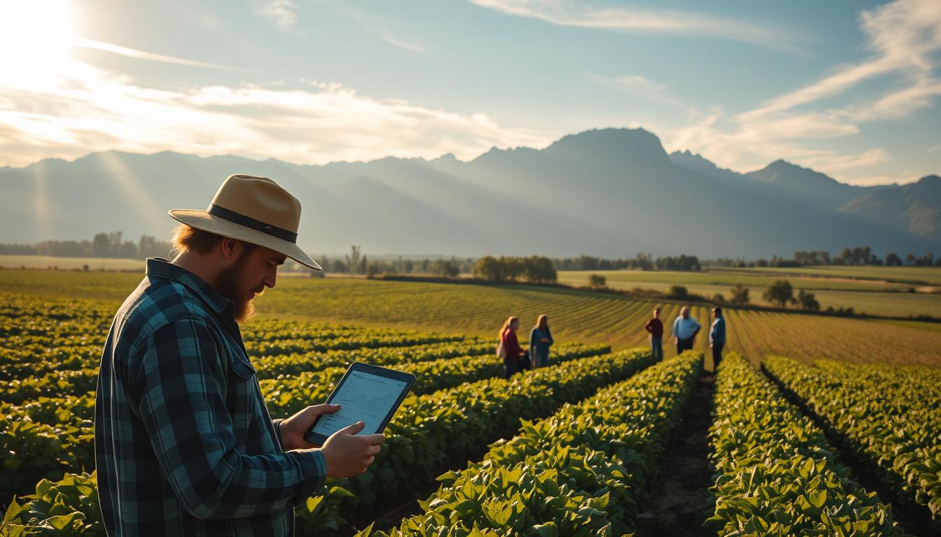 A lush, idyllic farm field, with rows of crops and verdant foliage stretching to the horizon. In the foreground, a farmer examines a tablet, studying data visualizations and mathematical models overlaid on the landscape. Sunlight filters through wispy clouds, casting a warm, golden glow across the scene. In the middle ground, a group of students gathers around a professor, engaged in a lessons on the applications of mathematics in agricultural practices. Towering mountains rise in the distance, hinting at the diverse terrain and environments that shape the challenges and opportunities of modern farming. The overall mood is one of scientific inquiry, technological innovation, and a deep connection to the land.