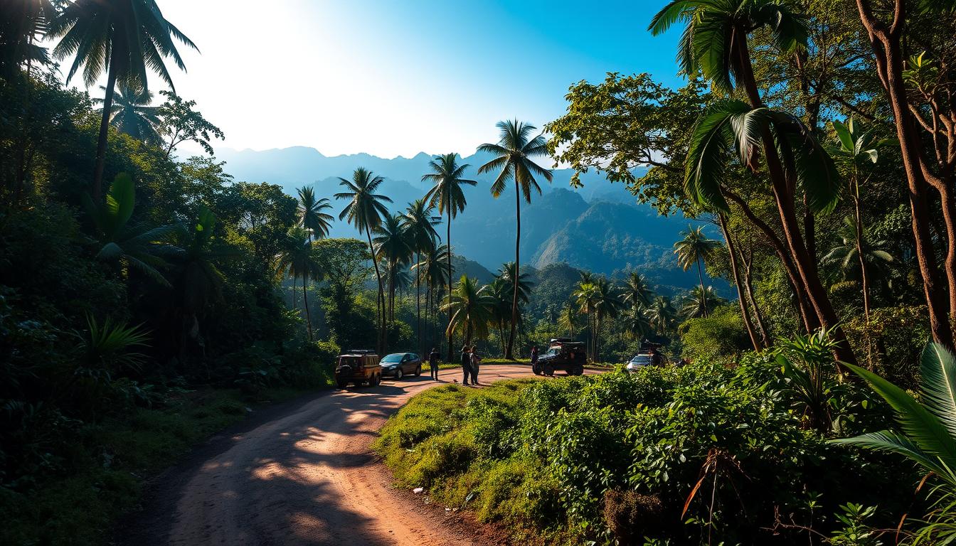 A lush, tropical jungle setting with dense foliage and towering trees. In the foreground, a rugged, unpaved dirt road winds through the undergrowth, with sunlight filtering through the canopy above. In the middle ground, a small film crew can be seen, capturing footage amidst the natural landscape. Camera equipment, lighting rigs, and production vehicles are scattered across the scene. The background is filled with majestic, mountainous terrain, with distant peaks rising up to meet the clear, blue sky. The overall mood is one of adventurous filmmaking in a remote, natural environment.