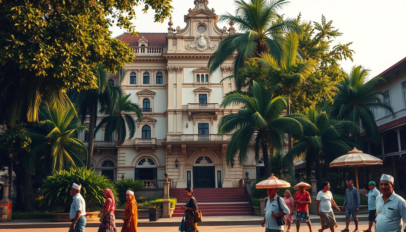 A grand colonial facade stands amidst lush tropical foliage, its ornate architecture reflecting the Dutch influence that permeated Malacca during the colonial era. In the foreground, locals go about their daily lives, their traditional attire and activities a testament to the cultural impact of Dutch rule. The scene is bathed in warm, golden light, evoking a sense of timelessness and the lasting legacy of the colonial experience. The image captures the complex interplay between foreign dominance and local resilience that characterized the Dutch presence in Malaysia.