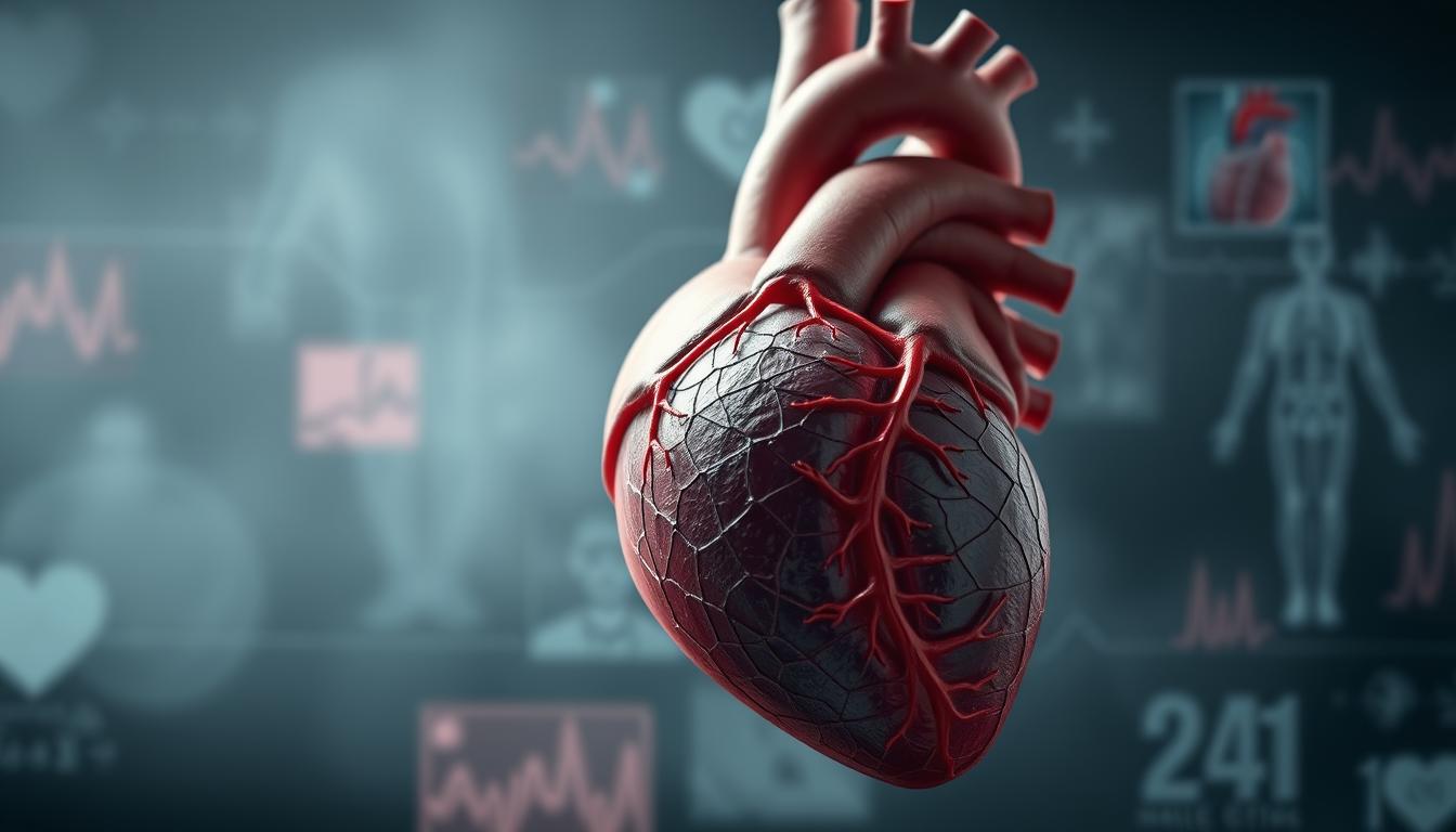 A detailed cross-section of the human heart, showcasing the impact of hypertension. The heart muscle is enlarged, with thickened walls and constricted blood vessels. Surrounding the heart, a hazy backdrop of medical imagery, conveying the broader context of cardiovascular health. Soft, muted lighting illuminates the scene, creating a sense of seriousness and importance. The composition is balanced, with the heart as the central focus, surrounded by supporting visual elements that aid in understanding the topic of hypertension and its effects on the heart. The overall tone is one of educational clarity, guiding the viewer through the complexities of this condition.