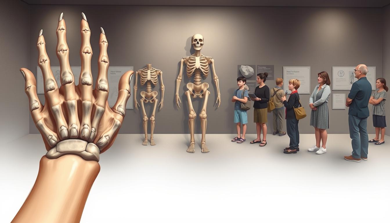 A detailed educational illustration depicting the medical condition known as Fibrodysplasia Ossificans Progressiva, or "Stone Man Syndrome". In the foreground, a close-up view of a human hand and arm, with bones and joints gradually transforming into solid stone-like formations. The middle ground shows a person in various stages of immobilization, limbs and body parts progressively hardening. The background depicts people of different ages and backgrounds, observing and learning about this rare genetic disorder through informative displays and materials. Soft, muted lighting creates an atmosphere of seriousness and scientific introspection. The scene conveys the importance of public awareness and understanding of this debilitating condition.