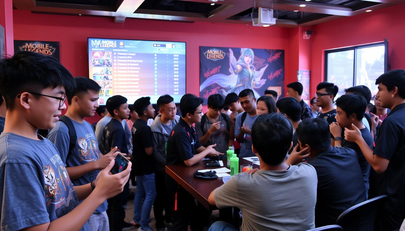 A diverse group of Mobile Legends players, representing a range of hero classes and skill levels, gathered in a vibrant community setting. In the foreground, a young player holds a smartphone, enthusiastically discussing hero rankings and strategies with their teammates. The middle ground features a mix of players engaged in lively conversation, some gathered around a table, others standing and gesturing animatedly. In the background, a large screen displays the game's leaderboard, casting a warm glow over the scene. The atmosphere is one of camaraderie, passion, and a shared love for the game, reflecting the spirit of the "Bergabung dengan Komunitas Mobile Legends" section.