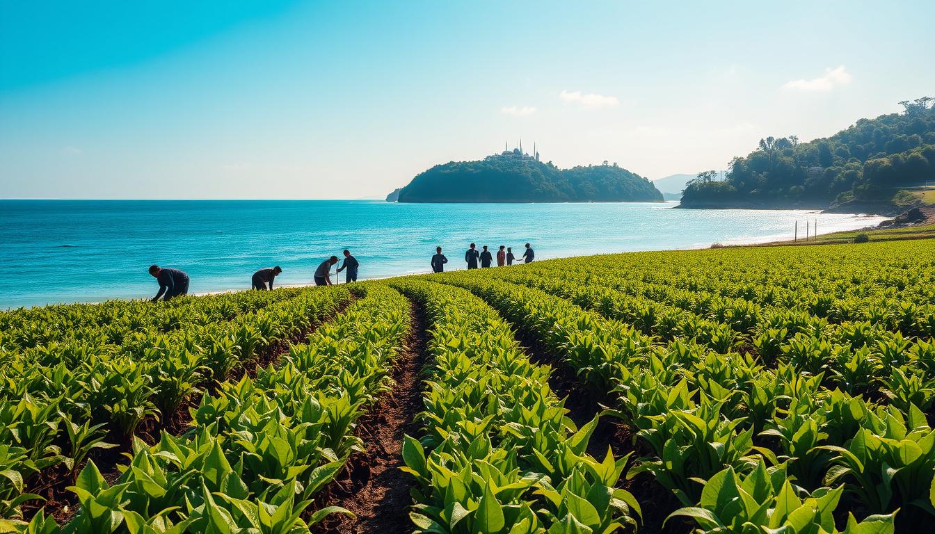 A serene coastal landscape with a thriving seaweed cultivation site. In the foreground, rows of vibrant green seaweed plants sway gently in the ocean breeze. In the middle ground, a group of local farmers tend to the crops, their silhouettes against the backdrop of a pristine blue sea. In the distance, a picturesque small island or coastal village nestled among lush foliage. The scene is illuminated by warm, golden sunlight, casting a tranquil, idyllic atmosphere. The overall composition evokes a sense of harmony between nature, community, and sustainable aquaculture practices.