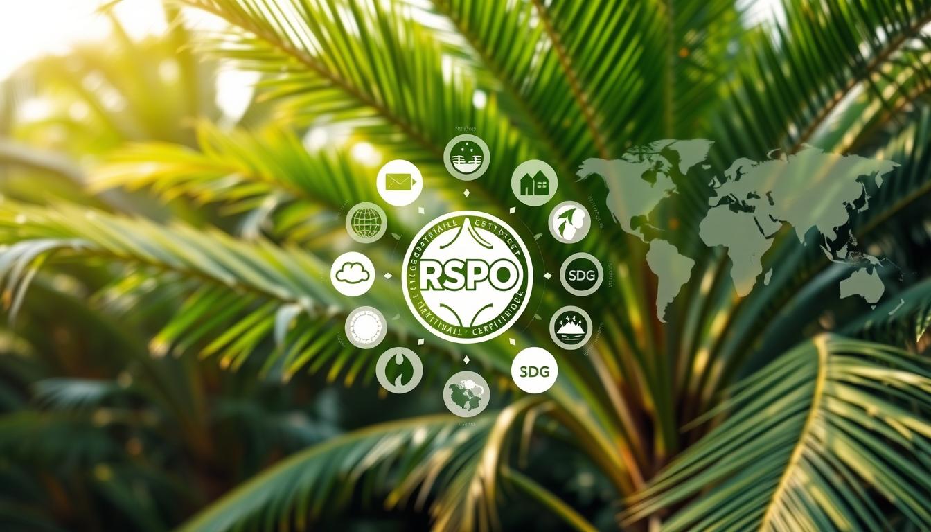 A detailed infographic showcasing the RSPO certification and its contribution to the Sustainable Development Goals (SDGs). In the foreground, a lush green oil palm plantation with healthy fronds and vibrant fruits. In the middle ground, a circular RSPO logo prominently displayed, surrounded by icons representing the key SDGs, such as zero hunger, clean water, and climate action. In the background, a subtly blurred world map, highlighting the global reach and impact of RSPO-certified sustainable palm oil. The lighting is natural and warm, with a soft, earthy tone that evokes a sense of environmental responsibility. The overall composition conveys the harmony between RSPO certification and the advancement of the United Nations' sustainable development agenda.