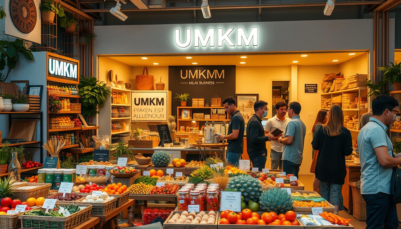 A bustling small business marketplace, showcasing a diverse array of UMKM products and services. In the foreground, a vibrant display of handcrafted goods, local produce, and artisanal wares. In the middle ground, entrepreneurs engaged in lively discussions, exchanging ideas and strategies. The background features a modern, well-designed storefront with a clean, minimalist aesthetic, conveying a sense of professionalism and innovation. Warm lighting casts a cozy glow, creating an inviting atmosphere. The overall scene depicts a thriving UMKM ecosystem, where strategic marketing and branding take center stage, empowering small businesses to reach new heights.