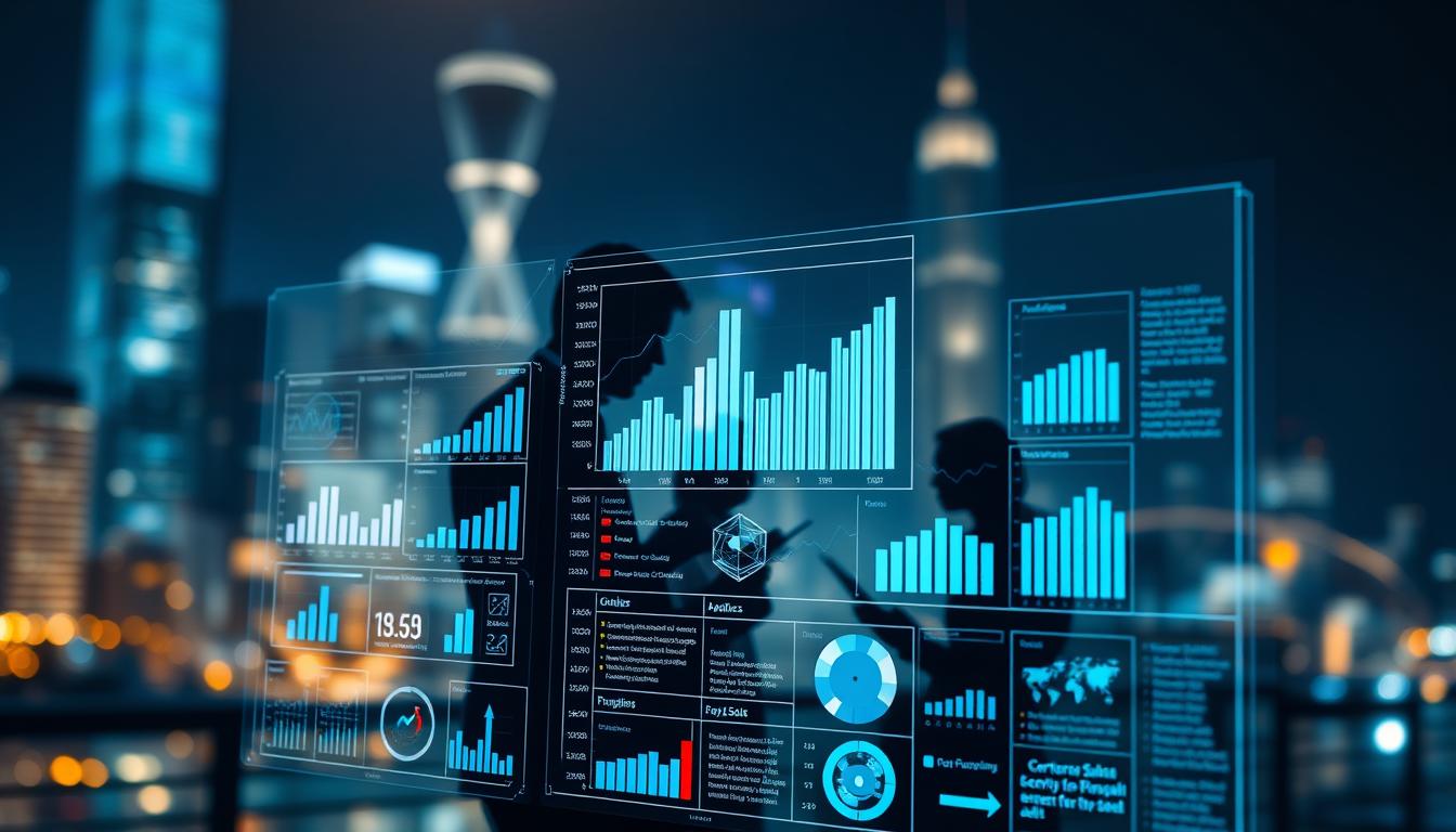 A well-lit, detailed illustration showcasing the analytics and performance measurement of small and medium enterprises (SMEs). In the foreground, a holographic dashboard displays charts, graphs, and data visualizations, illuminating key performance indicators. In the middle ground, a team of analysts examines the data, making notes and collaborating. The background features a blurred cityscape, symbolizing the broader economic context in which SMEs operate. The lighting is soft and warm, creating an atmosphere of thoughtful analysis and strategic decision-making. The composition emphasizes the interconnectedness of data, people, and the business environment, underscoring the importance of comprehensive performance measurement for SME development.
