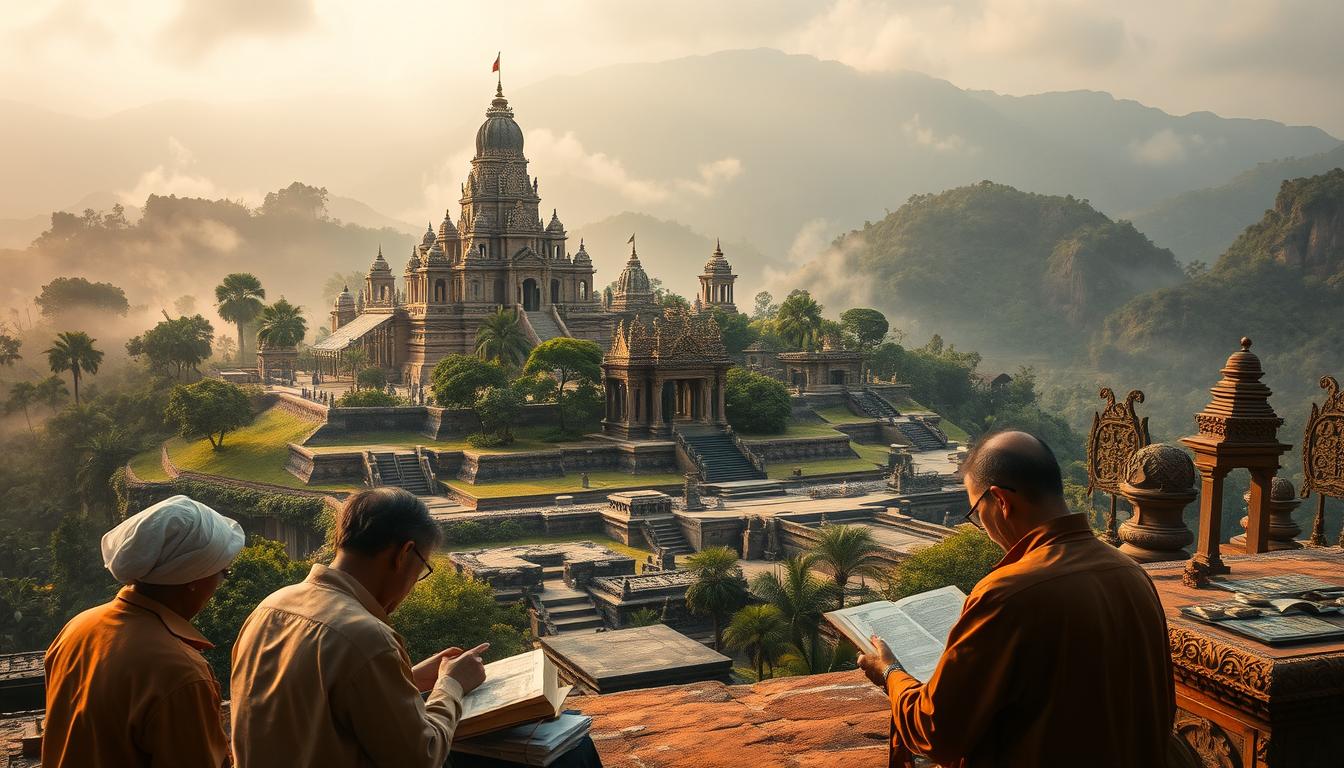 A magnificent ancient city emerges from the misty jungle, its ornate temples and grand palaces reflecting the advanced civilization of Langkasuka. In the foreground, scholars pore over ancient manuscripts, piecing together the kingdom's rich history. The middle ground reveals intricate stone carvings and artifacts, hinting at the cultural sophistication of this long-lost realm. In the background, a dramatic mountainous landscape frames the scene, evoking the remote, secluded nature of this archaeological treasure. Soft, warm lighting bathes the entire composition, creating an atmosphere of reverence and wonder as we gaze upon the remnants of this storied Malay kingdom.