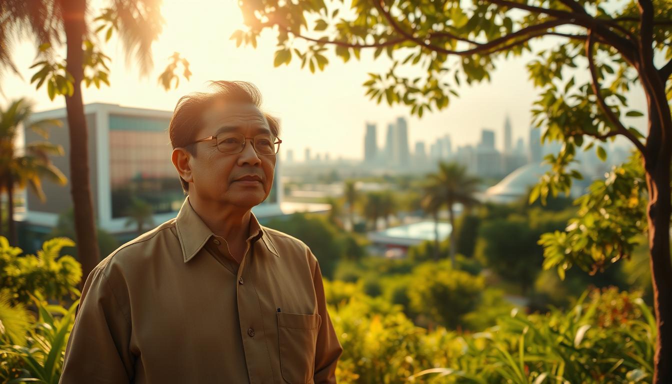A warm, sunlit scene of Chairul Tanjung, the renowned Indonesian businessman and philanthropist, standing amidst a lush, verdant landscape. In the foreground, he is captured in a thoughtful pose, his expression conveying a sense of purpose and dedication. The middle ground features a modern, sleek building, a representation of his business ventures, while the background showcases a vibrant city skyline, symbolizing the reach and impact of his philanthropic initiatives. The lighting is soft and natural, lending an air of tranquility and reflection to the overall composition. The scene is captured through a wide-angle lens, providing a sense of scale and context to the subject matter.