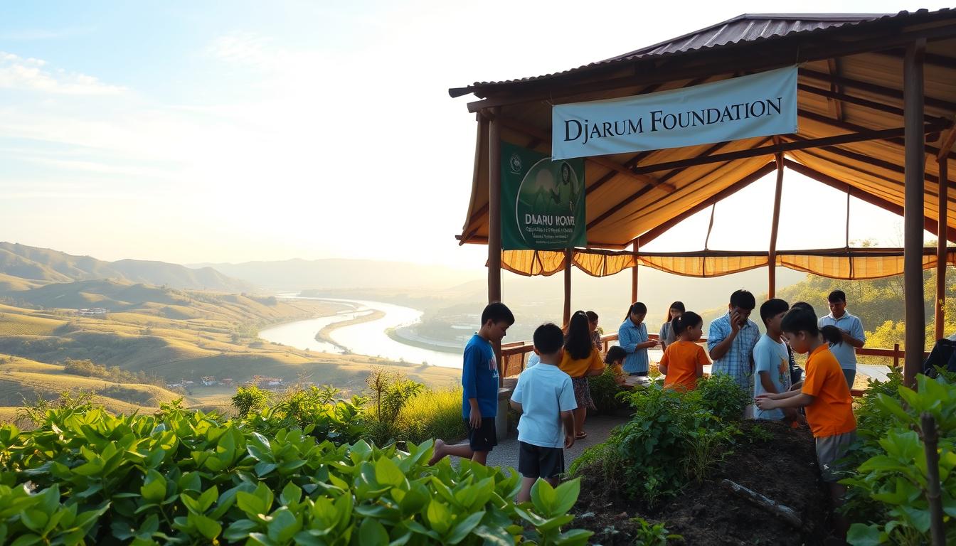 A serene environmental education setting in Indonesia's countryside. In the foreground, a group of young students explore a lush, verdant garden, examining plants and soil with curiosity. In the middle ground, an open-air pavilion hosts a hands-on lesson, with a Djarum Foundation banner prominently displayed. The background reveals rolling hills, a winding river, and a clear blue sky, bathed in warm, golden-hour light. The scene conveys a sense of harmony between nature, learning, and the Djarum Foundation's commitment to sustainable education.