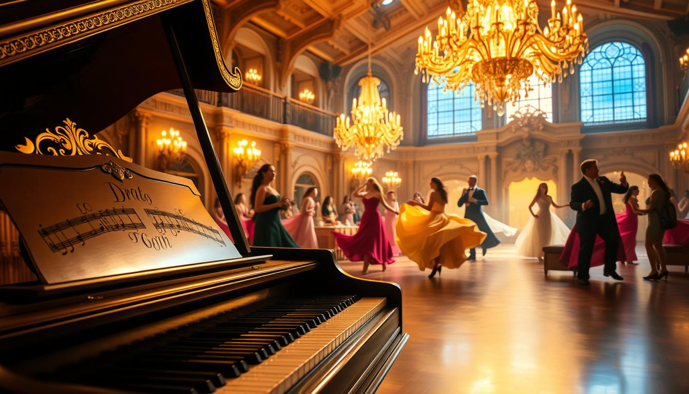A lush, vibrant scene of the iconic "Beauty and the Beast" film, focused on the musical elements. In the foreground, a grand, ornate piano takes center stage, its polished keys gleaming under warm, golden lighting. Behind it, a breathtaking ballroom unfolds, with elegant dancers twirling across the floor, their flowing gowns and tailcoats moving in harmony. In the background, a majestic chandelier casts a soft, romantic glow, illuminating the intricate architectural details of the castle. The overall atmosphere is one of enchantment and timeless beauty, capturing the essence of the film's enchanting musical score.
